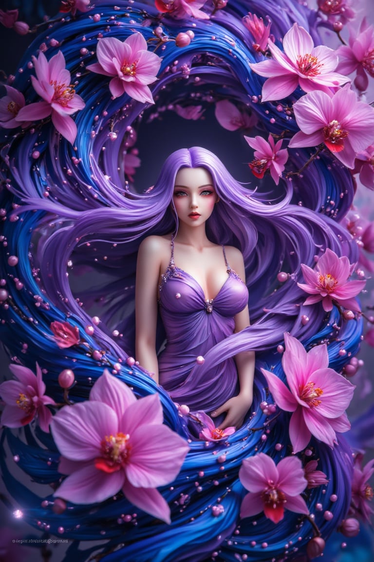 A mesmerizing portrait of a stunning girl with vibrant purple hair and piercing ruby eyes, her full figure radiating confidence as she gazes directly at the viewer from amidst a swirling vortex of inky stars. The air is filled with dynamic movement, as if passion itself has taken physical form, pouring forth like ink rain. In the background, very many beautiful orchids, delicate bubbles of ink suspend, adding an air of whimsy to this masterfully crafted digital artwork, showcasing the artist's exceptional skill and attention to detail.,a 3D rendering of a figurine 