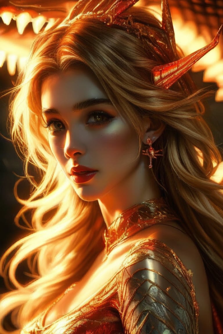 Golden light casts an intimate glow on the woman's piercing gaze, as wispy strands of blond hair dance across her forehead. The delicate threads of her gilded gown seem to be woven into the very fabric of her eye, mirroring the mesmerizing scales of a majestic ruby dragon that appears to be emerging from the shadows.