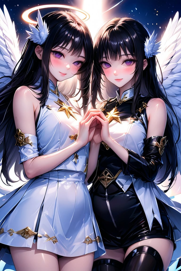 score_9_up, score_8_up,score_7_up,Anime style,RPG_Background,angel_wings,2_girls, clasped_hands,Beautiful girl, long hairstyle, masterpiece quality, light particles, looking at viewer, upper body, Anime Style., highly detailed, sharpness,