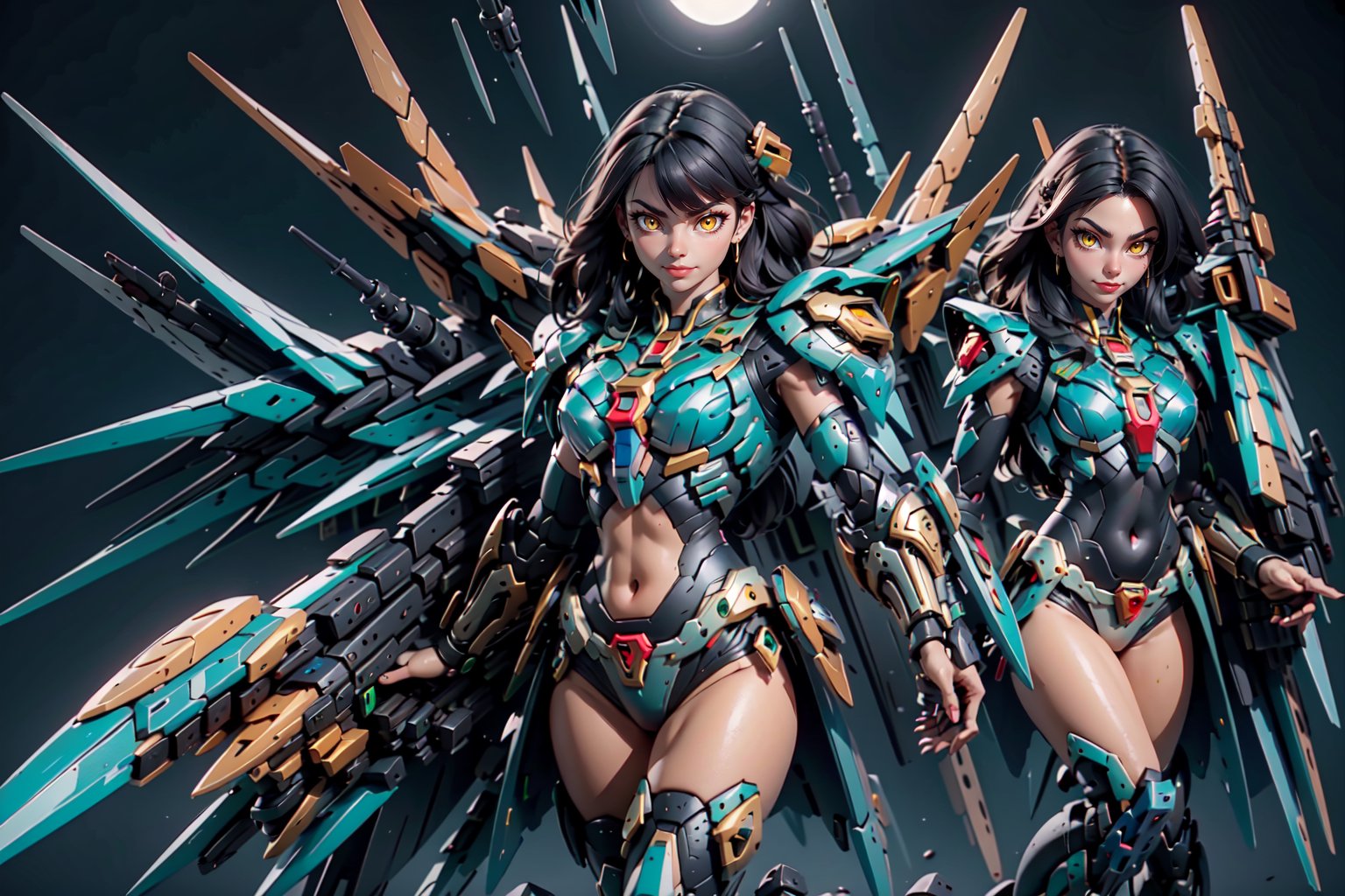 1girl,mecha musume,Dragon_armor,black_hair,long_hair,Chinese face,bikini_armor,mecha_musume,face_shield,Green Crystal Mecha,mecha_hydra(5 heads)