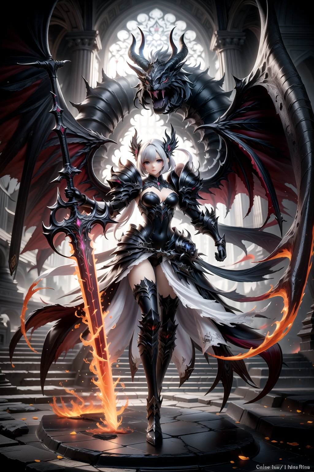 Demon fantasy general,a demon girl with red armour,long hair,tsurime, low wings, head wings, multiple wings,4wings, holding glowing fire red sword, glowing red runes, magic circle, demonic, lighting, glow swirling light, gem, black gemstone, with a dynamic and magical background, masterpiece, best quality, magnificent, celestial demon, ethereal, painterly, epic, majestic, magical, fantasy art, cover art, dreamy, Multi-Layered Textures, HDR, High Dynamic Range, Maximum Clarity And Sharpness, Multi-Layered Textures, 