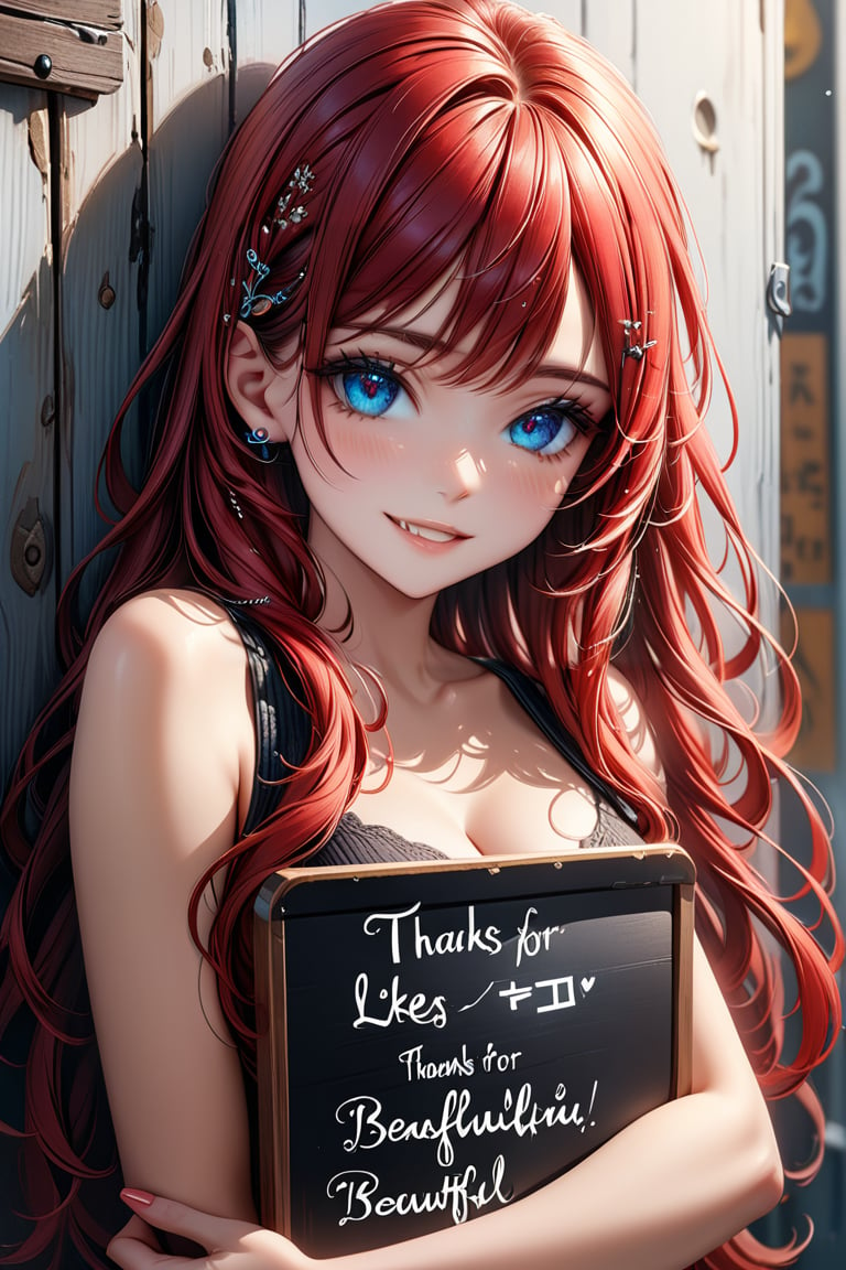 Very beautiful girl holding a board with text (("Thanks for 1K likes!")) text, illustration, detailed, realistic, UHD, beautiful detailed eyes, beautiful detailed, Warmly smile.,Text,Ink art, long_hair,red_hair