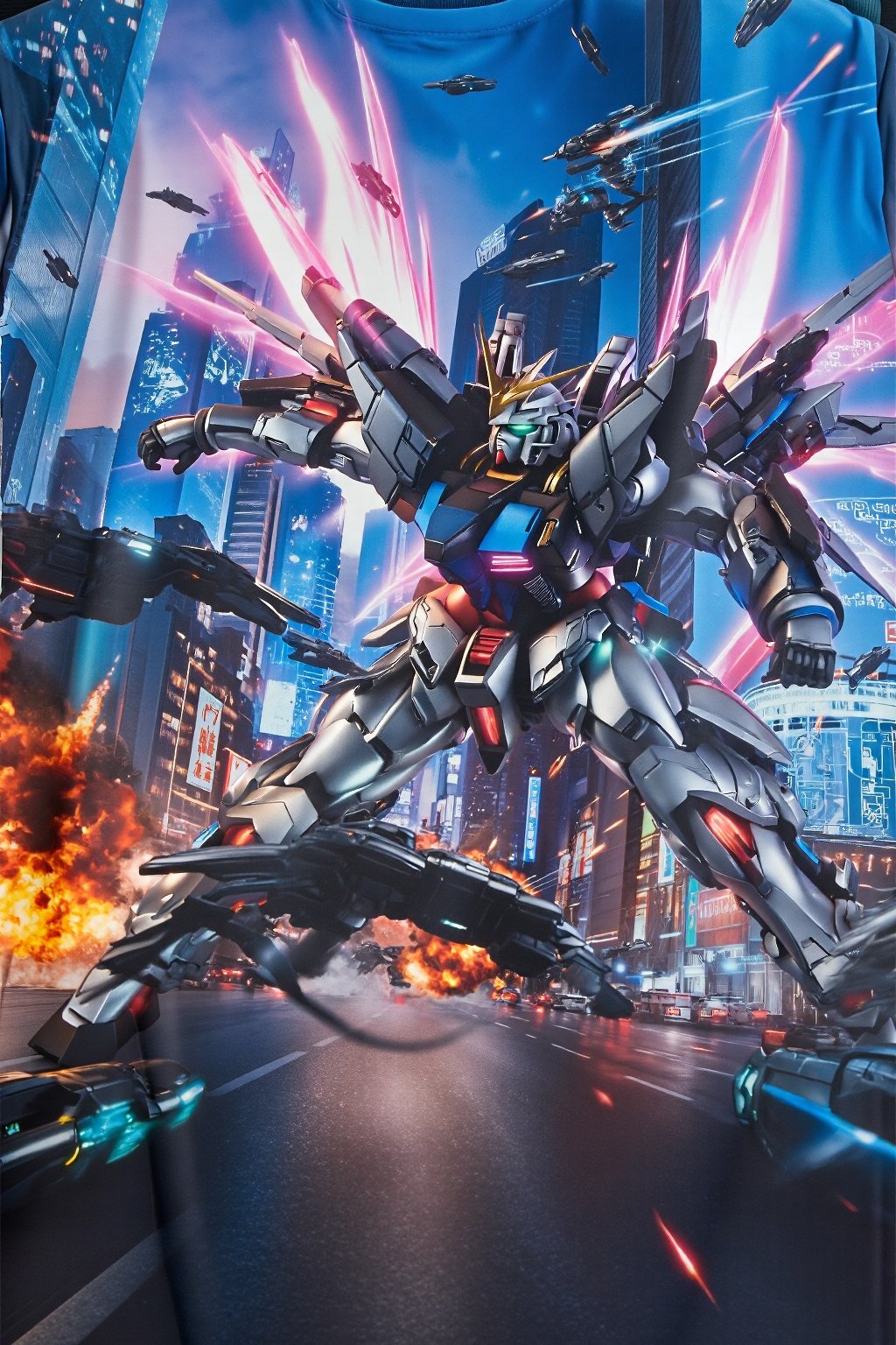 design(A dynamic close-up shot of a gundam warrior in action, his metallic body glistening under neon lights, clashing with enemies on the busy streets of a futuristic city. Exploding vehicles and fire create a chaotic scene. The backdrop features towering skyscrapers with holographic advertisements and flying vehicles whizzing by. The warrior's pose is aggressive, with his glowing energy weapon activated and wings of light emanating from the backpack on his back. The scene is lit with a combination of artificial and natural lighting, creating dramatic shadows.,a 3D rendering of a figurine ,T-shirt), from a distance