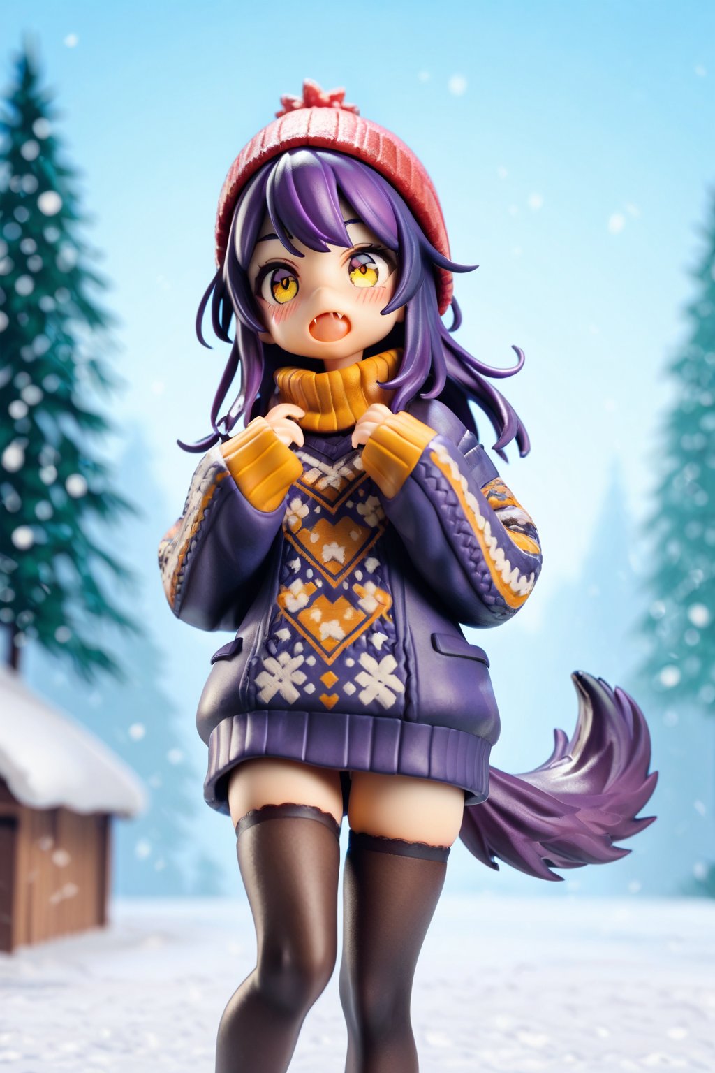 score_9,score_8_up,score_7_up,ClrSkt, 1girl, :o, animal ears, beanie, black thighhighs, blush, fang, hat, open mouth, purple hair, solo, sweater, tail, thighhighs, yellow eyes, snow, outdoors,3D,PVC Style