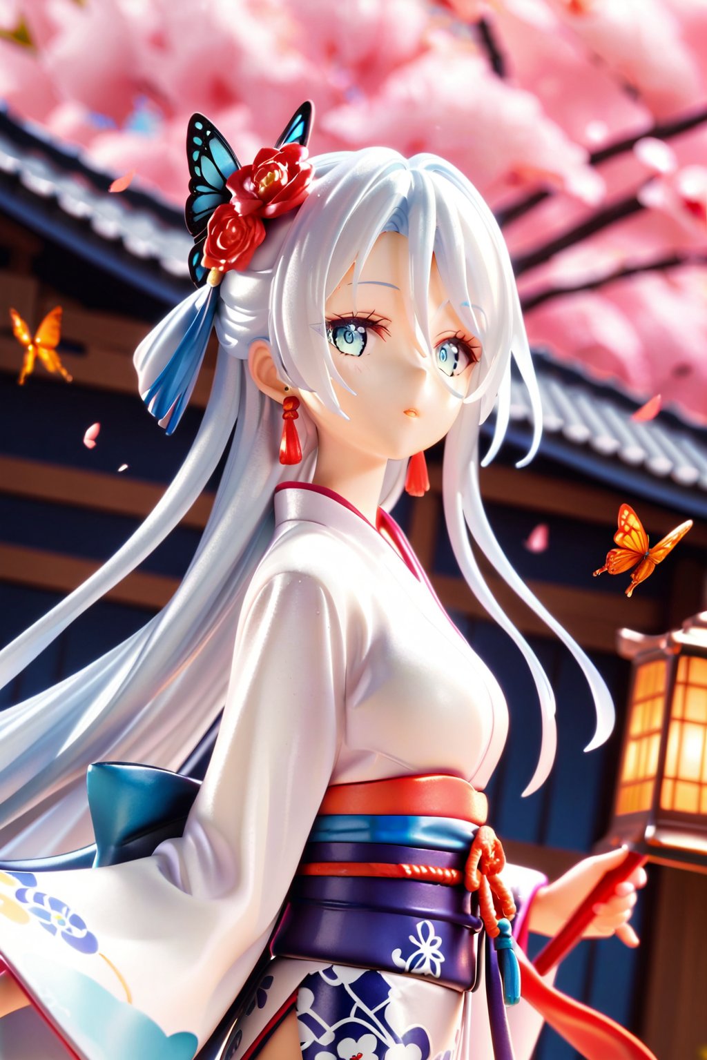 1girl, solo, long hair, looking at viewer, bangs, blue eyes, hair ornament, long sleeves, holding, hair between eyes, jewelry, flower, white hair, earrings, parted lips, japanese clothes, wide sleeves, kimono, sash, obi, bug, red flower, butterfly, lantern, white kimono, score_9_up, score_8_up,score_7_up,3D,PVC Style