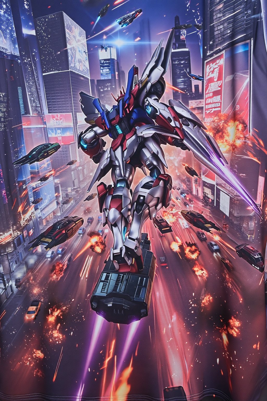 design(A dynamic close-up shot of a gundam warrior in action, his metallic body glistening under neon lights, clashing with enemies on the busy streets of a futuristic city. Exploding vehicles and fire create a chaotic scene. The backdrop features towering skyscrapers with holographic advertisements and flying vehicles whizzing by. The warrior's pose is aggressive, with his glowing energy weapon activated and wings of light emanating from the backpack on his back. The scene is lit with a combination of artificial and natural lighting, creating dramatic shadows.,a 3D rendering of a figurine ,T-shirt), looking from a distance