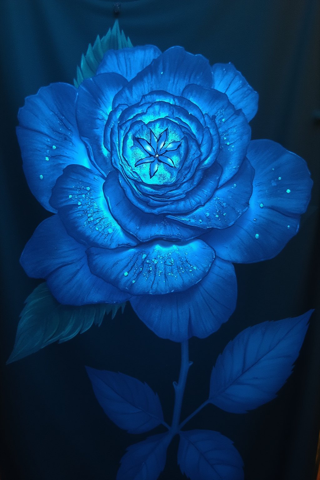 T_shirt,Design(masterpiece, 8k, HDR, best quality, (highly detailed skin), photography, analog style, real life, extremely beautiful, (highly detailed, intricately detailed), (alluring eyes), depiction of a blue bioluminescent flower with bright, sharp, staring eyes, rose's petals attached to water droplets, mimics the texture seen in sculptural artwork, delicate combination of oil and marker lines on cracked epoxy glass, ultra-fine illumination, highly stylized and dramatic, (3D) image,Glowing Flower),from a distance