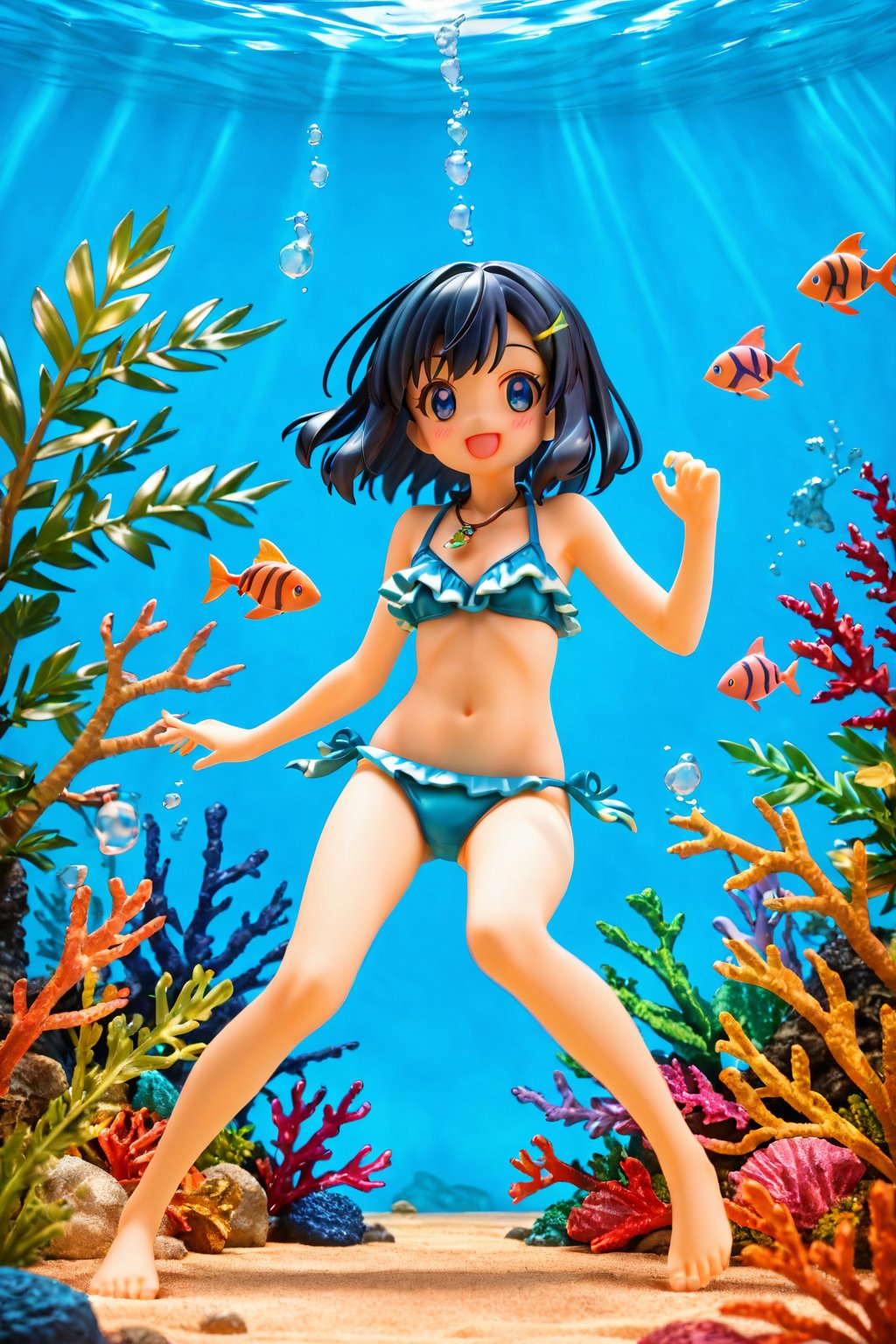 masterpiece, best quality, sky, 1girl,liko_pokemno,short_hair, blue_hair,Hair blush,blue_eyes, Young, Cute,Slim,Collarbone,Necklace,Pendant, Bangs Fastened,Hair Clips (V-Shape, Green),black hair/Blue Strands back (bikini:1.3), hairclip, blue eyes,  clenched fists, nature ,(masterpiece,best quality:1.3),(100+ colorful tropical fish:1.2),(underwater:1.3),floating pose,smile,,(frills bikini,:1.2), (bubble effect:1.3) , ,vivid color,sun shine,(deep detailed eyes:1.3),,Liko_pokemno,more detail XL,Short hair,score_9,score_8_up,score_7_up,3D,PVC Style, full_body