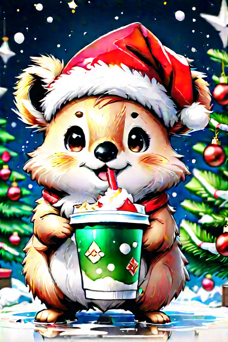 A detailed illustration of a print of a cute quokka standing under Christmas tree and it wear Santa hat drinking cup of frappuccino, Christmas theme, hyper realistic high quality, t-shit desing graphic, vector, carton, contour, fantasy swirls splash, modern t-shirt design, in the style of Studio Ghibli, light white red and green pastel tetradic colors, 3D vector art, cute and quirky, fantasy art, watercolor effect, bokeh, Adobe Illustrator, hand-drawn, digital painting, low-poly, soft lighting, birds-eye view, isometric style, retro aesthetic, focusedon the character, 4K resolution, photorealistic rendering, usingCinema 4D,Anime Style.,PVC,Ink art style