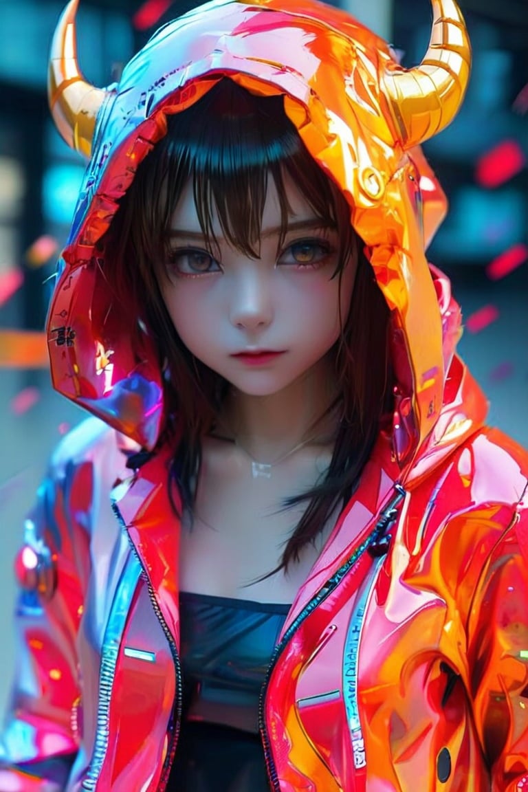 score_9_up, score_8_up,score_7_up,3D,upper_body,demon, facing_viewer,fully_clothed, score_9_up, score_7_up, PVC,anime,Anime Style.,vivid color,1girl,hooded_jacket,cybernetic