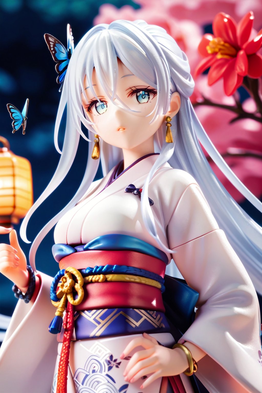 1girl, solo, long hair, looking at viewer, bangs, blue eyes, hair ornament, long sleeves, holding, hair between eyes, jewelry, flower, white hair, earrings, parted lips, japanese clothes, wide sleeves, kimono, sash, obi, bug, red flower, butterfly, lantern, white kimono, score_9_up, score_8_up,score_7_up,3D,PVC Style