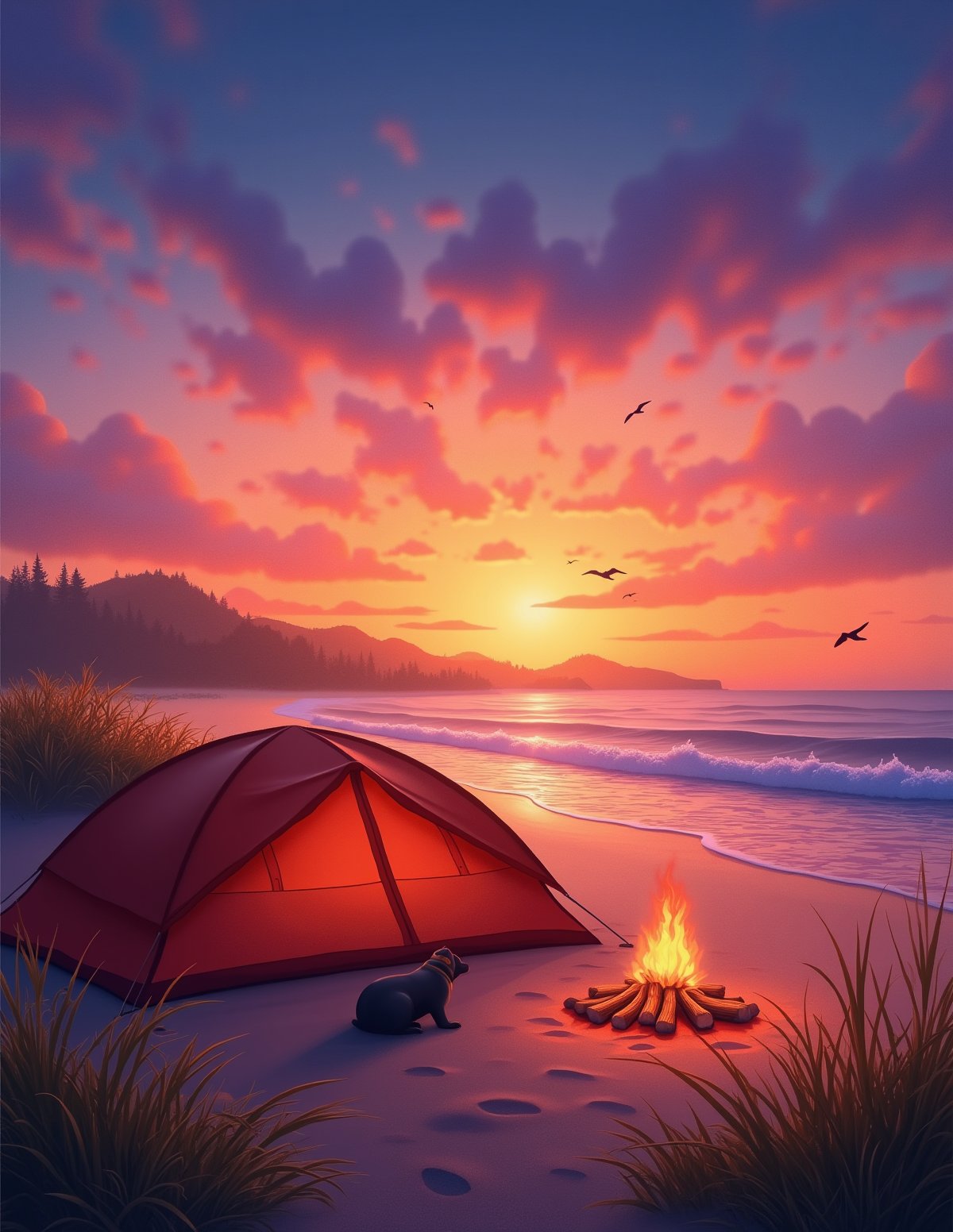 T_shirt,Design(A breathtaking 4K  wallpaper unfolds: Tourist tent, pretty dog, nestles beside a crackling campfire on a tranquil beach at sunset. Warm flames dance across the smooth sand as the sky transforms into a kaleidoscope of orange, pink, and purple hues. Gentle waves caress the shoreline, mirroring the vibrant colors above. Tall grasses whisper in the evening breeze, their gentle sway harmonizing with the lapping surf. Seabirds glide effortlessly across the sky, adding to the serene atmosphere. The only sounds are the campfire's crackle and the soothing melody of the waves. A sense of quiet reflection and timeless beauty permeates the scene, inviting viewers to weave their own stories around this nostalgic moment.),full length shirt