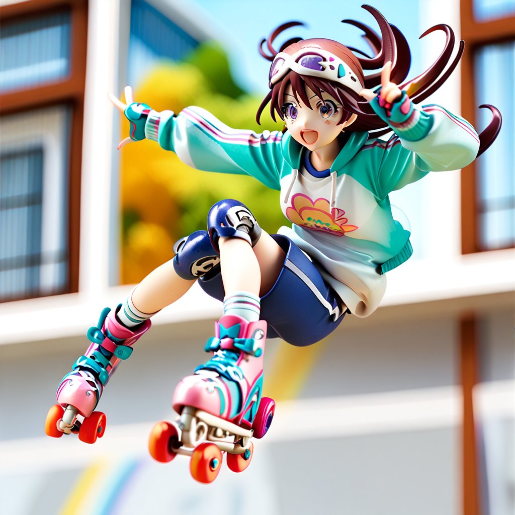 a girl on rollerblades is jumping out of a window, with polaroids scattered around her, all depicted in pastel colors, anime, 1girl, rollerblade, pastel color, score_9_up, score_8_up,score_7_up,3D,noyamano ringo,PVC Style