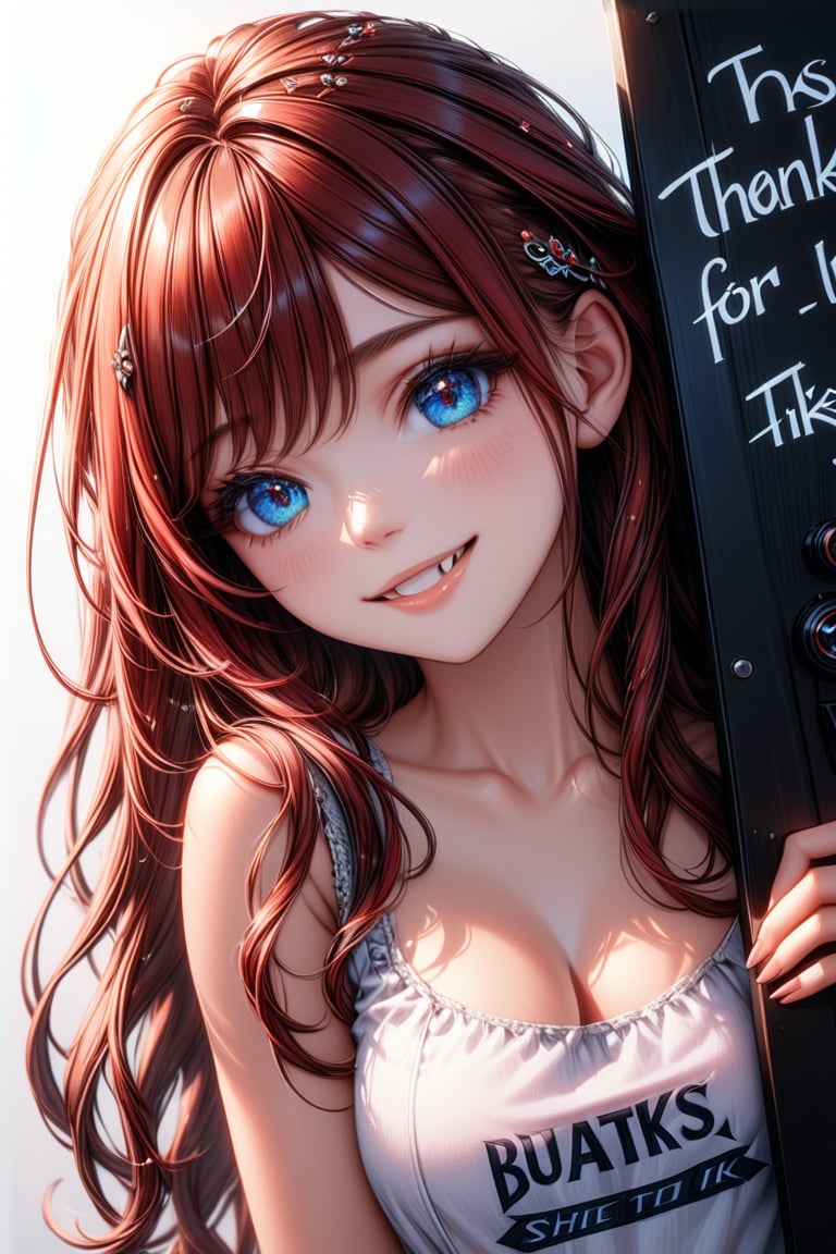 Very beautiful girl holding a board with text (("Thanks for 1K likes!")) text, illustration, detailed, realistic, UHD, beautiful detailed eyes, beautiful detailed, Warmly smile.,Text,Ink art, long_hair,red_hair