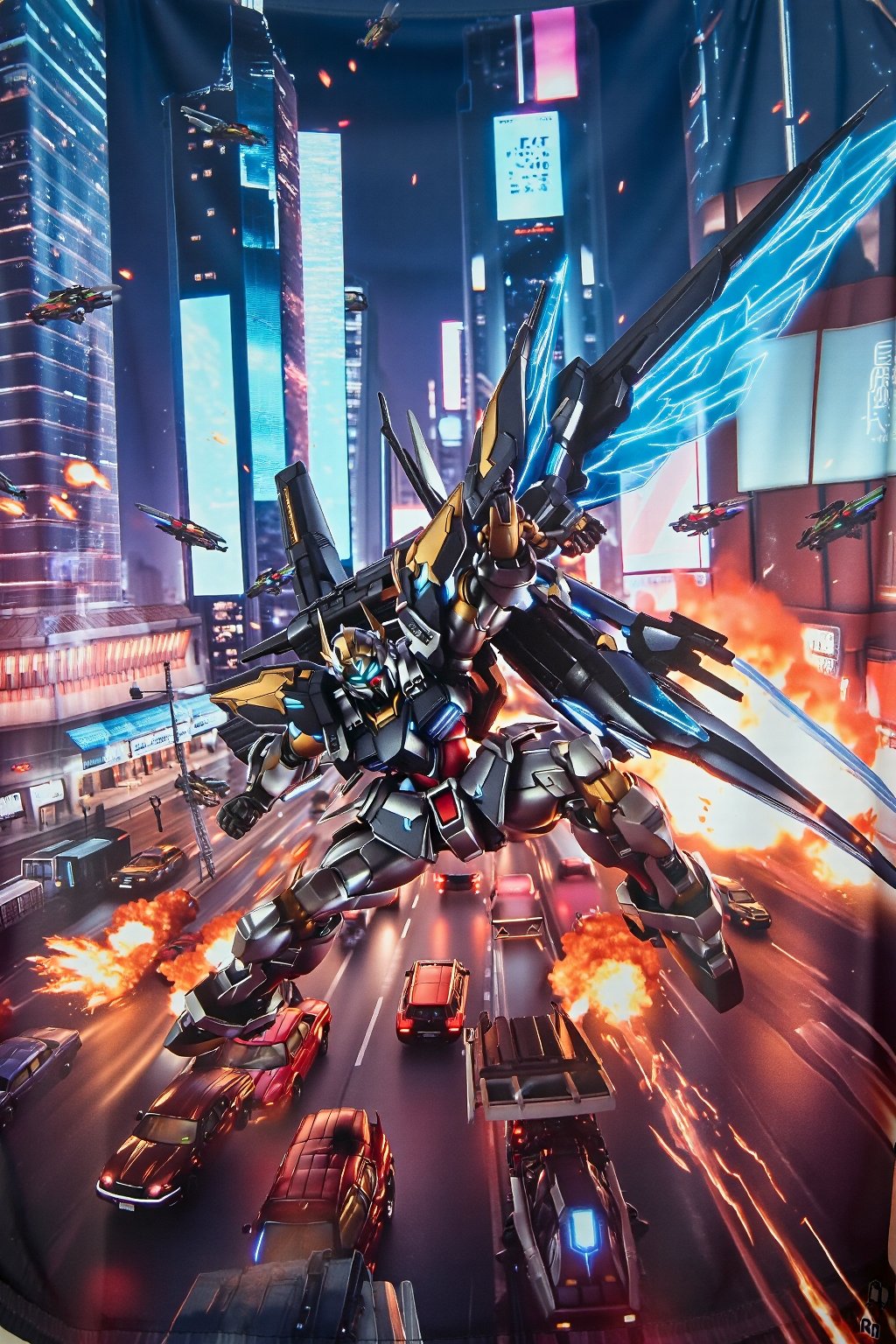 design(A dynamic close-up shot of a gundam warrior in action, his metallic body glistening under neon lights, clashing with enemies on the busy streets of a futuristic city. Exploding vehicles and fire create a chaotic scene. The backdrop features towering skyscrapers with holographic advertisements and flying vehicles whizzing by. The warrior's pose is aggressive, with his glowing energy weapon activated and wings of light emanating from the backpack on his back. The scene is lit with a combination of artificial and natural lighting, creating dramatic shadows.,a 3D rendering of a figurine ,T-shirt)