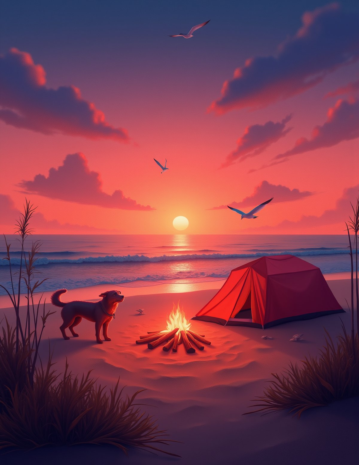 T_shirt,Design(A breathtaking 4K  wallpaper unfolds: Tourist tent, pretty dog, nestles beside a crackling campfire on a tranquil beach at sunset. Warm flames dance across the smooth sand as the sky transforms into a kaleidoscope of orange, pink, and purple hues. Gentle waves caress the shoreline, mirroring the vibrant colors above. Tall grasses whisper in the evening breeze, their gentle sway harmonizing with the lapping surf. Seabirds glide effortlessly across the sky, adding to the serene atmosphere. The only sounds are the campfire's crackle and the soothing melody of the waves. A sense of quiet reflection and timeless beauty permeates the scene, inviting viewers to weave their own stories around this nostalgic moment.),full length shirt