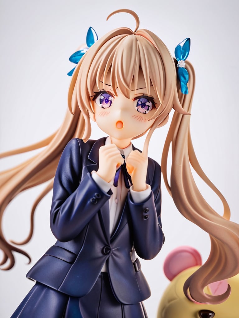 suzukazek aoba, 1girl, long hair, twintails, purple hiar, purple eyes, hair ornament,

 looking at viewer, blush, V-sharped eyebrows, :o, 

 formal, dark blue jaket suit, dark blue skirt suit , neck ribbon,

standing, standing straight, make clenched hands in front of own slightly below the throat,

in the collection room, display shelves, fancy items, home game consoles, game pads, puzzles, toys, fancy toys, stuffed toys, anime character figures,

shot from front , cowboy shot,

suzukaze aoba, score_9_up, score_8_up,score_7_up,3D,PVC Style