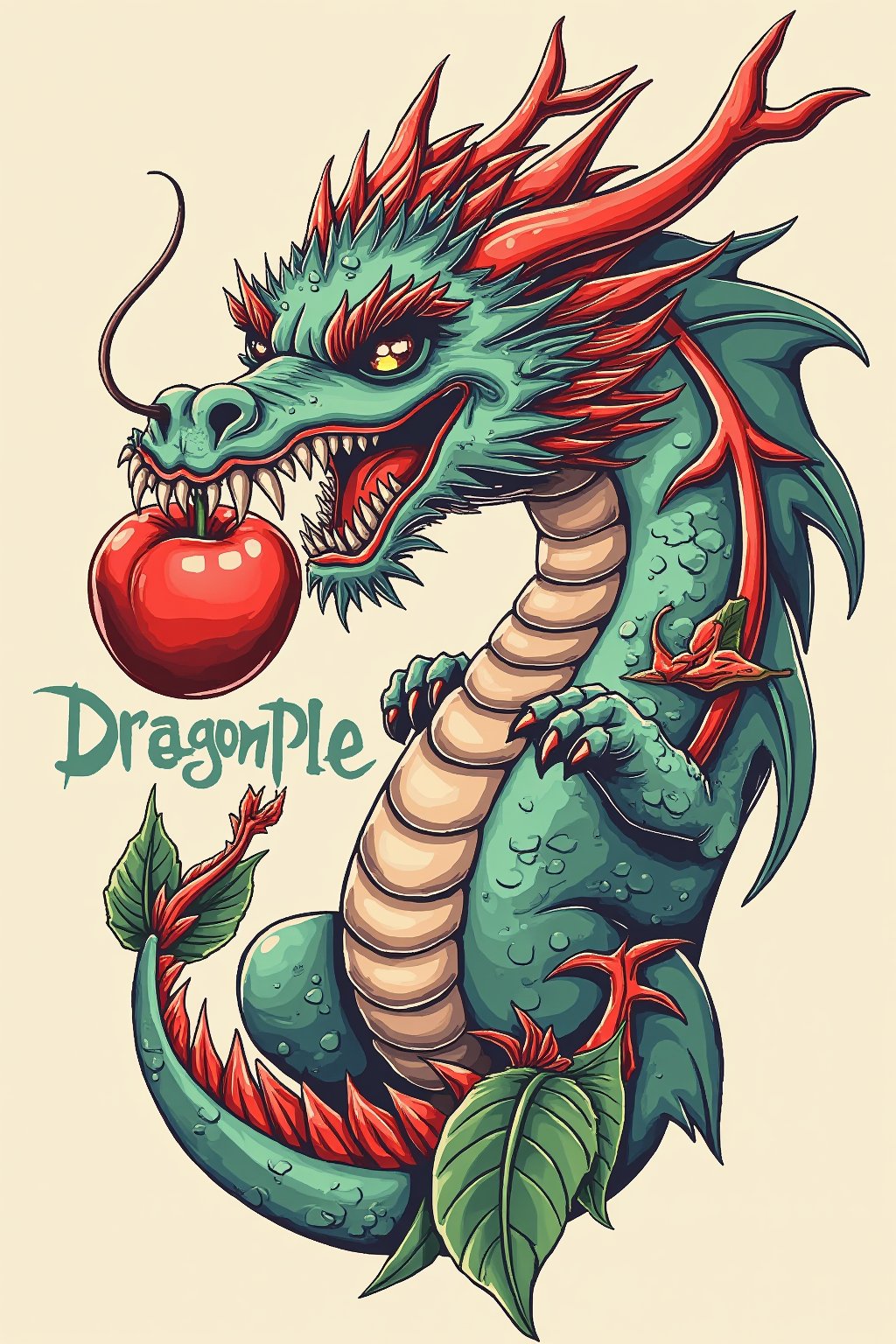 T_shirt,Design(simple logo of dragon eating apple
intricate text "DragonPle"),full length shirt