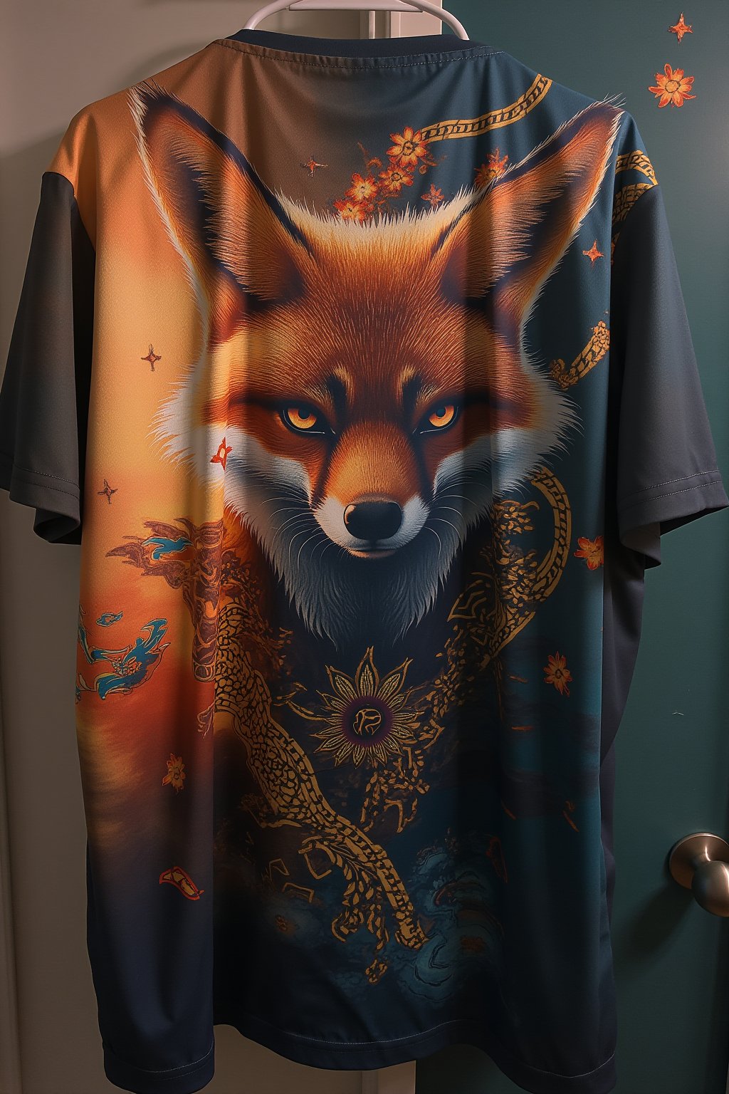 T_shirt,Design(Masterpiece, professional, award-winning, intricate details, ultra high detailed, 64k, dramatic light, volumetric light, dynamic lighting, Movie Aesthetic, action shot, photo real, cinematic moviemaker style. Fox anthropomorphism, wizard, chinese ink style, amazing epic ancient theme, cinematic, stunning, realising lighting and shading, vivid, vibrant, unreal engine, concept art)