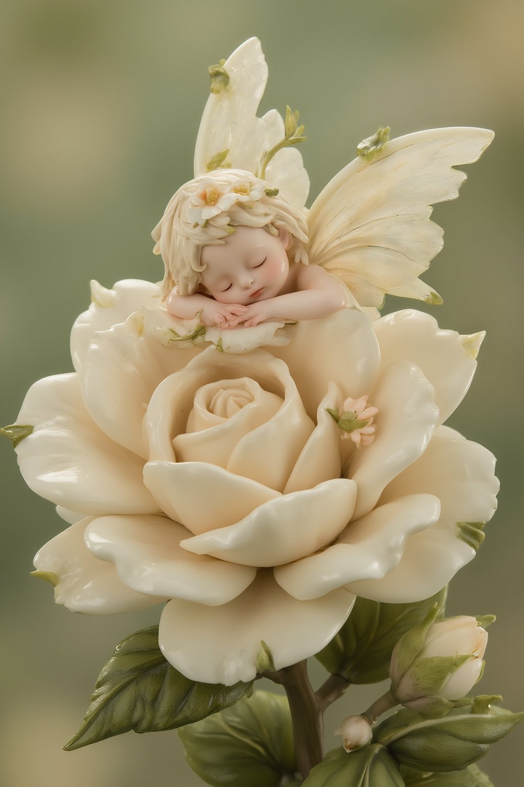 An ultra high quality award-winning Masterpiece. The little fairy sleeps on a big white rose. Her wings tremble slightly from the gentle breeze that whispers sweet tales to her. A small flower is nestled in her hair, as if wanting to adorn her even more. Silence reigns around, only the birds singing and the rustling of leaves disturb this idyll. The fairy looks so calm and innocent, as if nature itself protects her from any harm. Her face expresses such peace, as if she sees the most beautiful dreams. At this moment, the world seems so soft and kind, as if every element of nature is woven from magic. The sleeping fairy on the white rose reminds us that there is a place for wonders and magic in this world, even in the most delicate moments.,resin,a 3D rendering of a figurine 