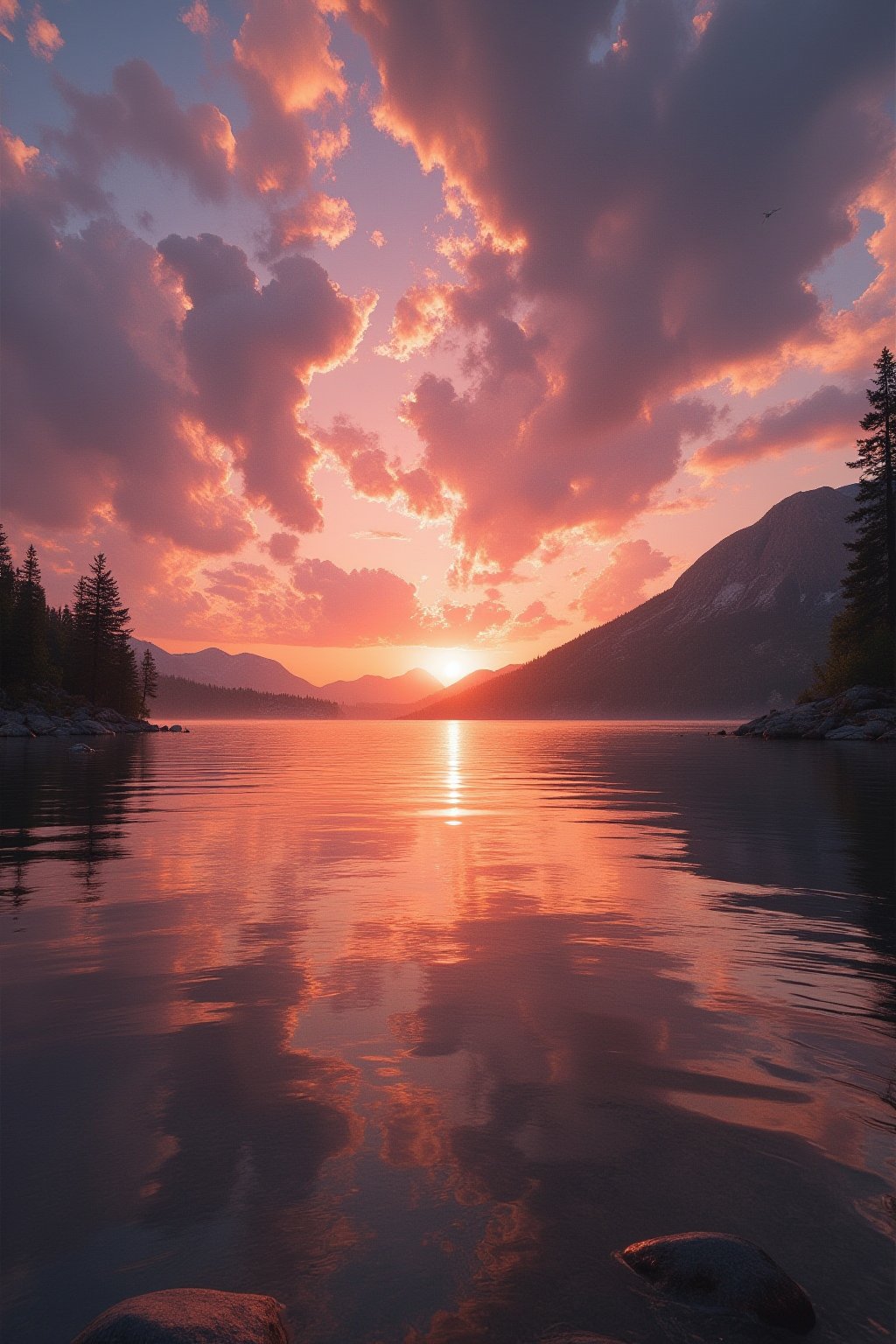 T_shirt_Design(Masterpiece, 8k, hdr, best quality, photography, analog style, real life, extremely beautiful, (highly detailed, intricately detailed), ray tracing, (dramatic lighting), "Sunset on a Tranquil Lake" - Paul Cadden's meticulous attention to detail makes the ripples and reflections on the water appear so real they're almost photographic. Emile Claus's vibrant use of color and light brings the sky to life, casting a warm golden glow over the scene. Yigal Ozeri's skillful blending of light and shadow enhances the tranquility of the moment, capturing the peaceful transition from day to night as the lake reflects the fading colors of the sunset),full length shirt,