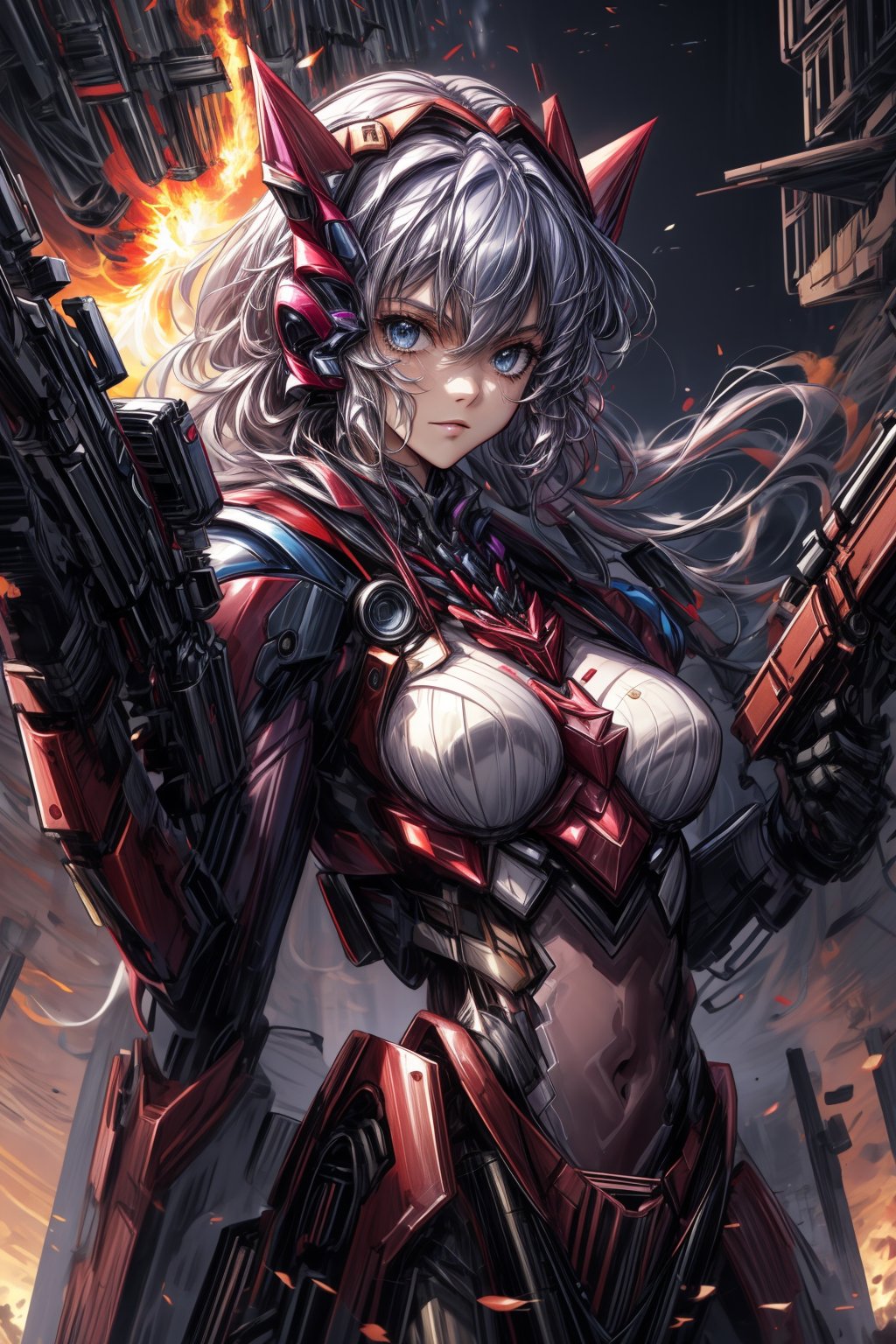 YukineChris,mechskirt, holding 2guns(gattling guns), multiple explosions in the background, close_up on face, More Detail,