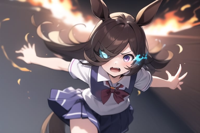 uma_musume,school_uniform,umms,rice shower \(umamusume\,flaming_eye, running,petite