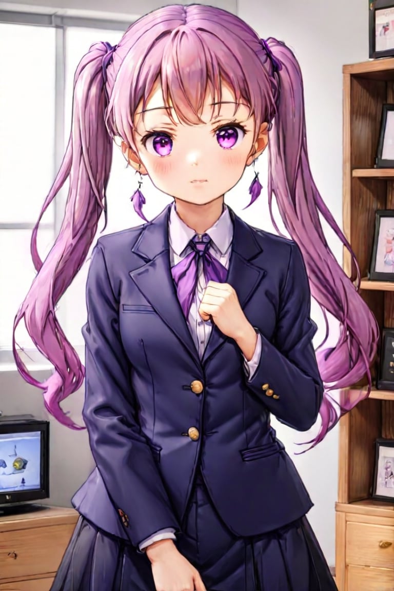 suzukazek aoba, 1girl, long hair, twintails, purple hiar, purple eyes, hair ornament, looking at viewer, blush, V-sharped eyebrows, :o, formal, dark blue jaket suit, dark blue skirt suit , neck ribbon, standing, standing straight, make clenched hands in front of own slightly below the throat, in the collection room, display shelves, fancy items, home game consoles, game pads, puzzles, toys, fancy toys, stuffed toys, anime character figures, shot from front , cowboy shot, suzukaze aoba,