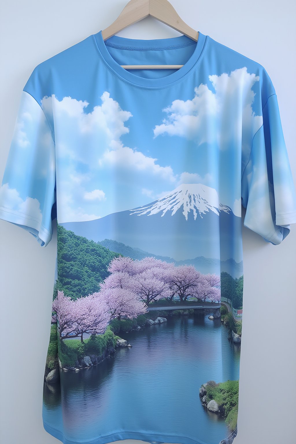 ,T_shirt,Design(outdoors, sky, day, cloud, water, tree, blue sky, no humans, cherry blossoms, scenery, reflection, mountain, road, bridge, river, lake, mount fuji, realistic, digital art, professional style, detailed image, masterpiece quality, attractive image, Details)