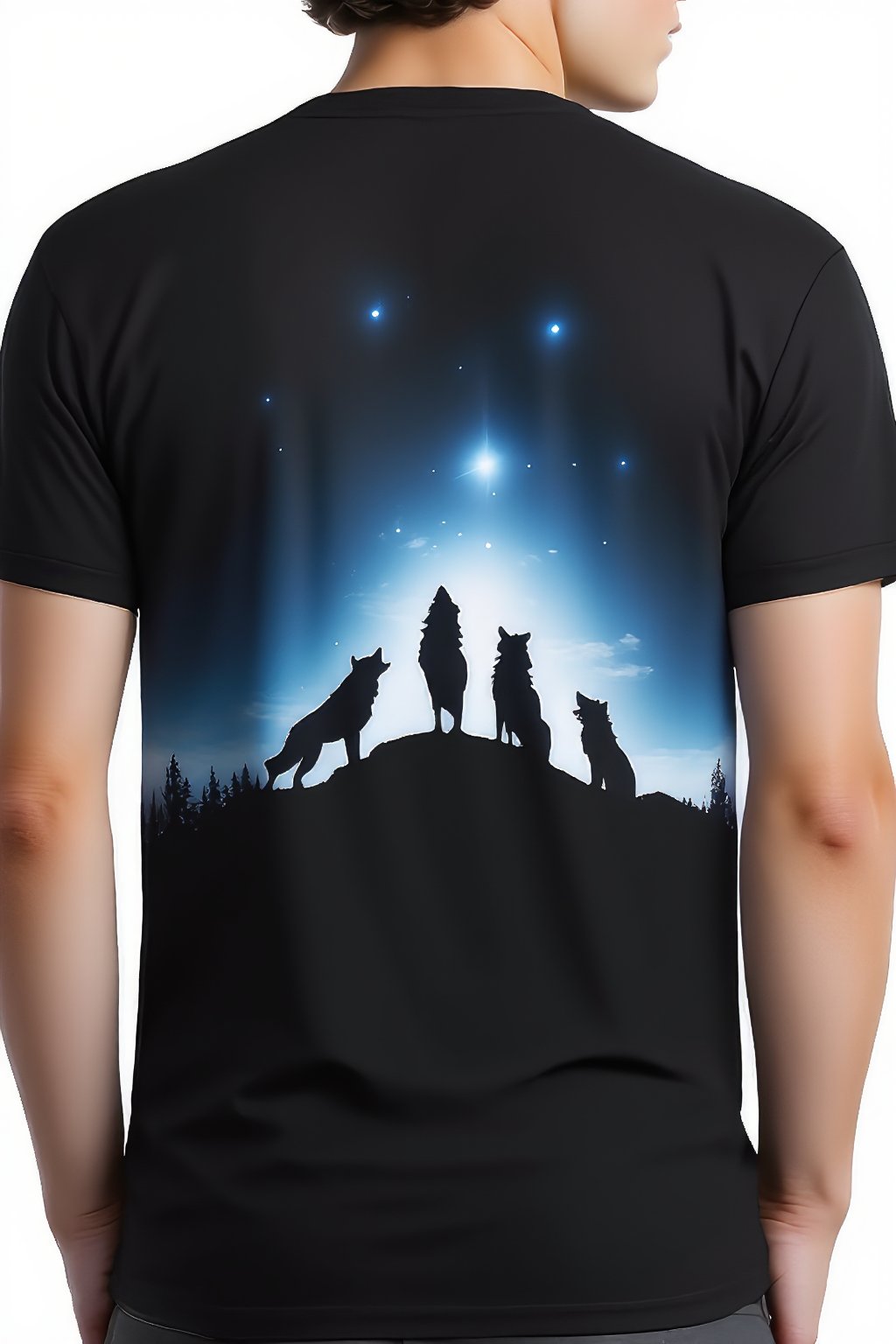 ,T_shirt,Design(silhouette of three howling wolves standing on a ridge, set against a backdrop of a black sky, half moon, stars. The moon is highly detailed and textured, while the wolves are entirely in shadow, creating a stark contrast, Canon EOS 5D Mark IV, masterpiece, 35mm photograph, film grain, award winning photography,vibrant use of light and shadow, vivid colors,high quality textures of materials, volumetric textures perfect composition, dynamic play of light, rich colors, epic shot, perfectly quality, natural textures,high detail, high sharpness, high clarity, detailed ,photoshadow, intricate details, 16k), from a distance