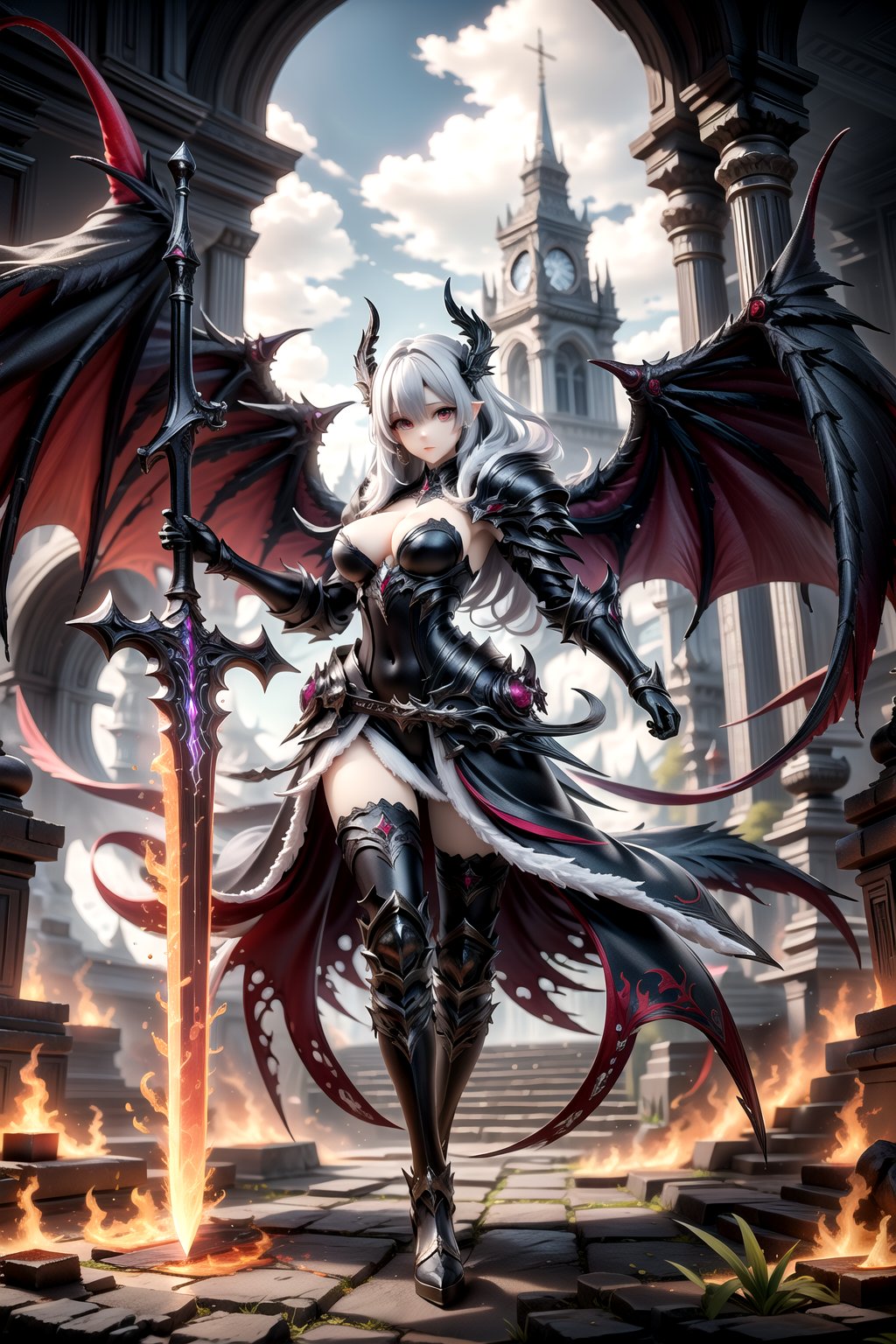 Demon fantasy general,a demon girl with red armour,long hair,tsurime, low wings, head wings, multiple wings,4wings, holding glowing fire red sword, glowing red runes, magic circle, demonic, lighting, glow swirling light, gem, black gemstone, with a dynamic and magical background, masterpiece, best quality, magnificent, celestial demon, ethereal, painterly, epic, majestic, magical, fantasy art, cover art, dreamy, Multi-Layered Textures, HDR, High Dynamic Range, Maximum Clarity And Sharpness, Multi-Layered Textures, 