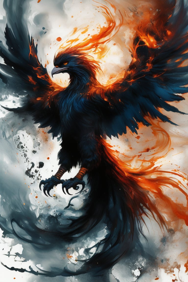 A majestic phoenix's silhouette stands out against a mesmerizing backdrop of swirling ink brushstrokes. The phoenix's piercing gaze meets the viewer's as it rises from the ashes, suspended in a dramatic ascent pose. A veil of ink rain and smoke surrounds the subject, with delicate droplets glistening like tiny jewels. Masterfully crafted digital art with a professional touch, this stunning image exudes a sense of mastery.