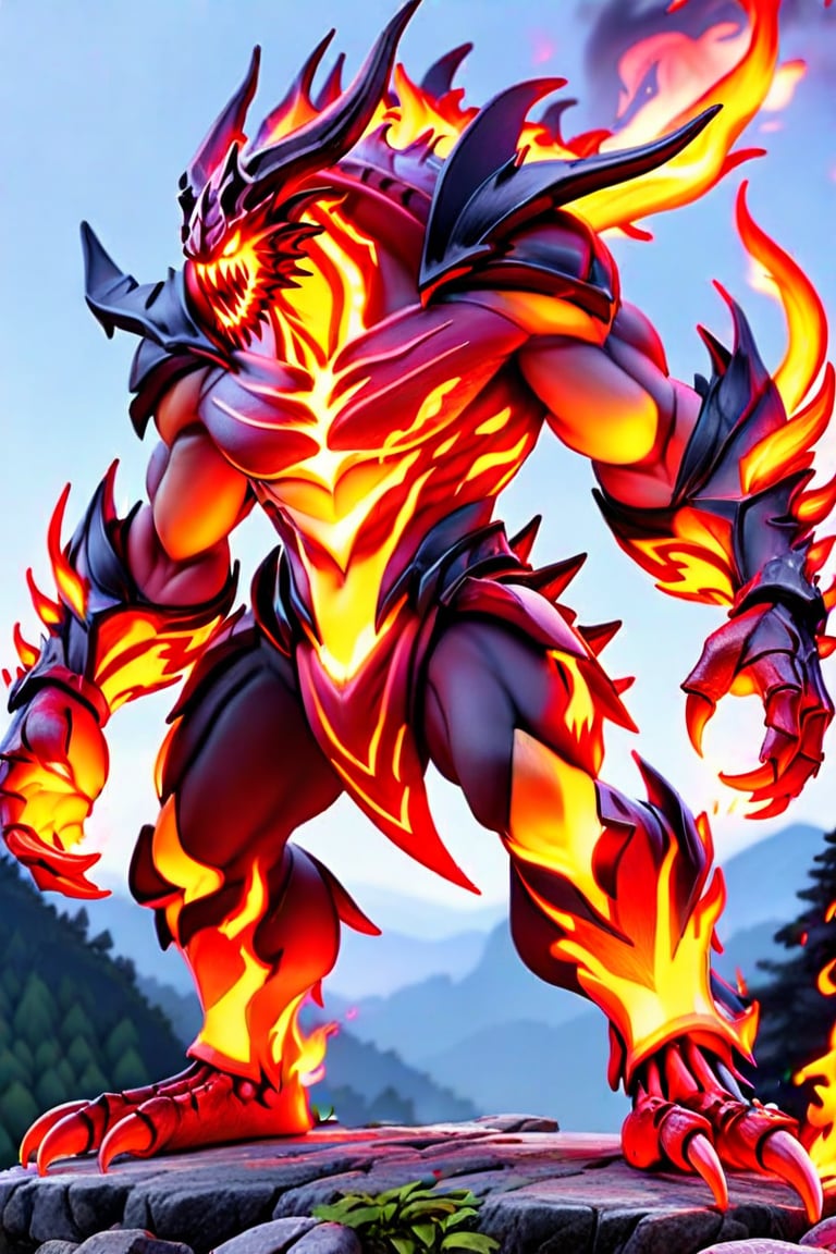 an evil man stands on a hill top. He uses the magic spell and turns into a powerful fire magic \(ek_ge1frt\) monster,ek_game_3ffect,red_scales,Large_claws,3D,PVC