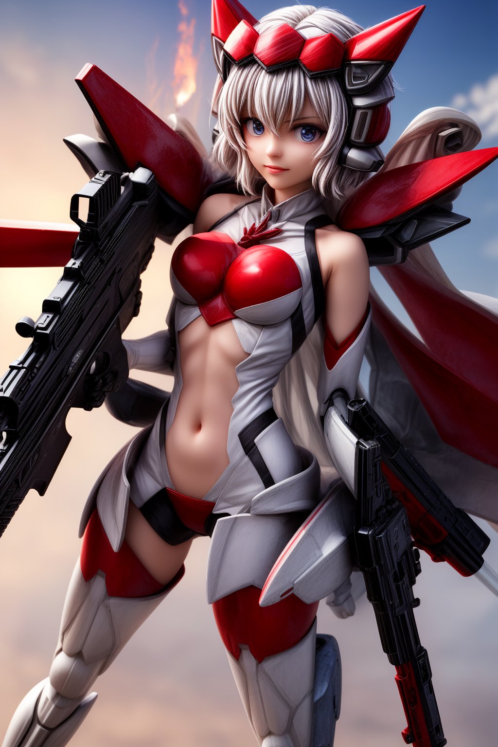 YukineChris,mechskirt, holding 2guns(gattling guns), multiple explosions in the background, close_up on face, More Detail,mecha musume,porcelain_art,add detail