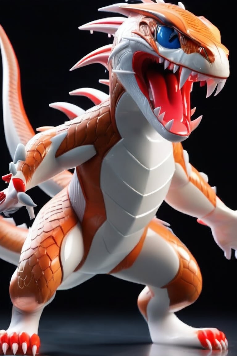 solo, open mouth, blue eyes, simple background, standing, full body, tongue, tongue out, pokemon \(creature\), no humans, fangs, black background, claws, animal focus,3D,PVC,red_scales,Large_claws