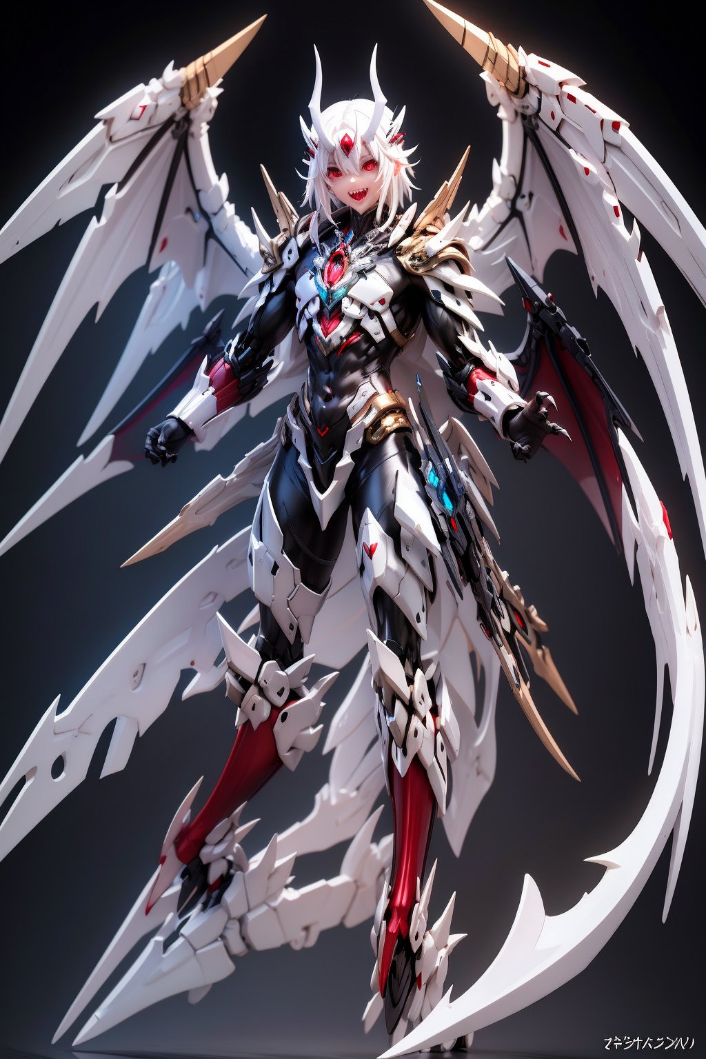 solo, red eyes, 1boy, male focus, wings, horns, teeth, armor, glowing, sharp teeth, black background, glowing eyes, claws, monster,masterpiece,best quality,mecha musume,bodysuit