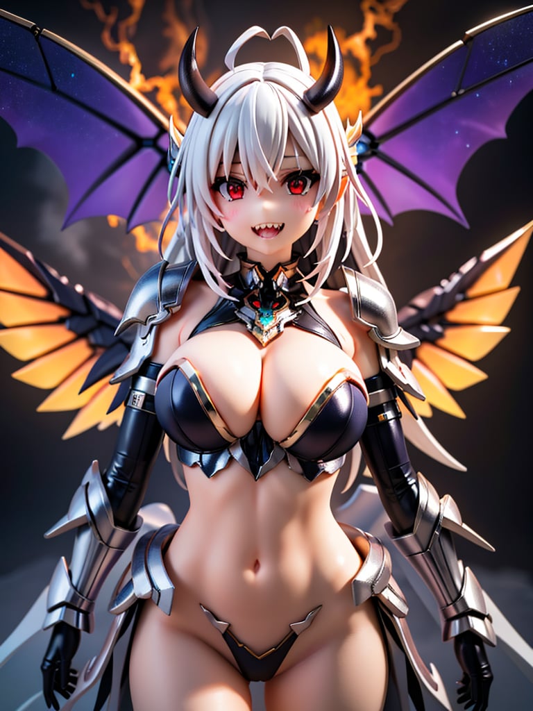 solo, red eyes, 1boy, male focus, wings, horns, teeth, armor, glowing, sharp teeth, sea of lava in the background, glowing eyes, claws, monster,masterpiece,best quality,mecha musume,PVC style,3D,kenkou cross style,MGE,MGE style, score_9_up, score_8_up, score_7_up,upper_body