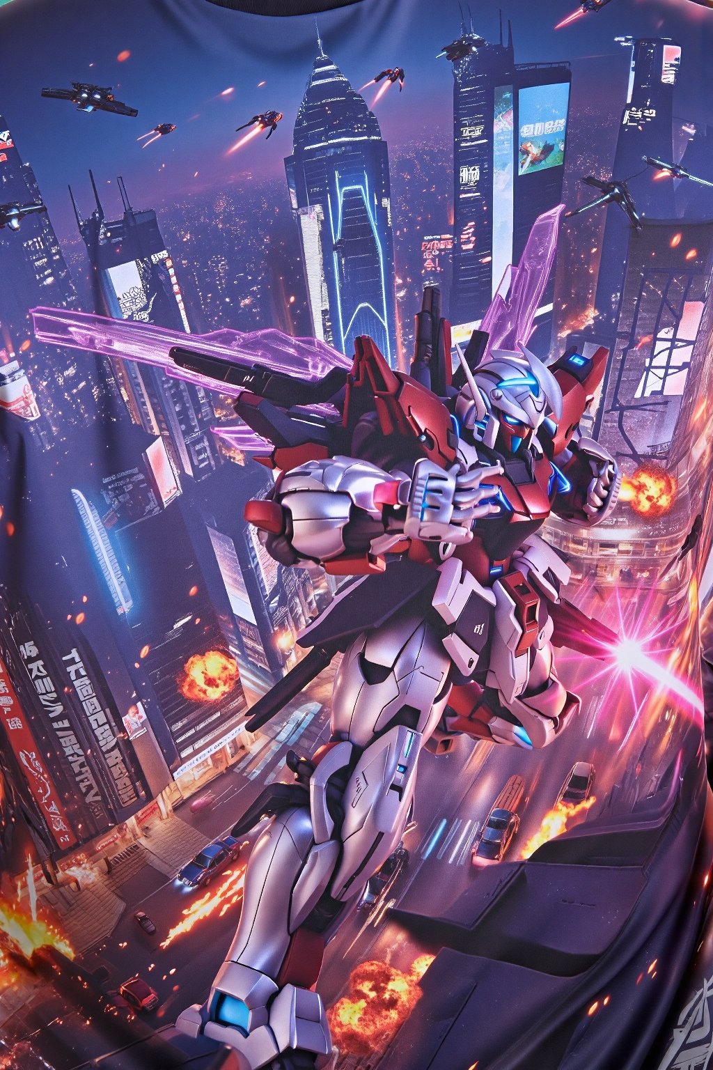 design(A dynamic close-up shot of a gundam warrior in action, his metallic body glistening under neon lights, clashing with enemies on the busy streets of a futuristic city. Exploding vehicles and fire create a chaotic scene. The backdrop features towering skyscrapers with holographic advertisements and flying vehicles whizzing by. The warrior's pose is aggressive, with his glowing energy weapon activated and wings of light emanating from the backpack on his back. The scene is lit with a combination of artificial and natural lighting, creating dramatic shadows.,a 3D rendering of a figurine ,T-shirt), looking from a distance