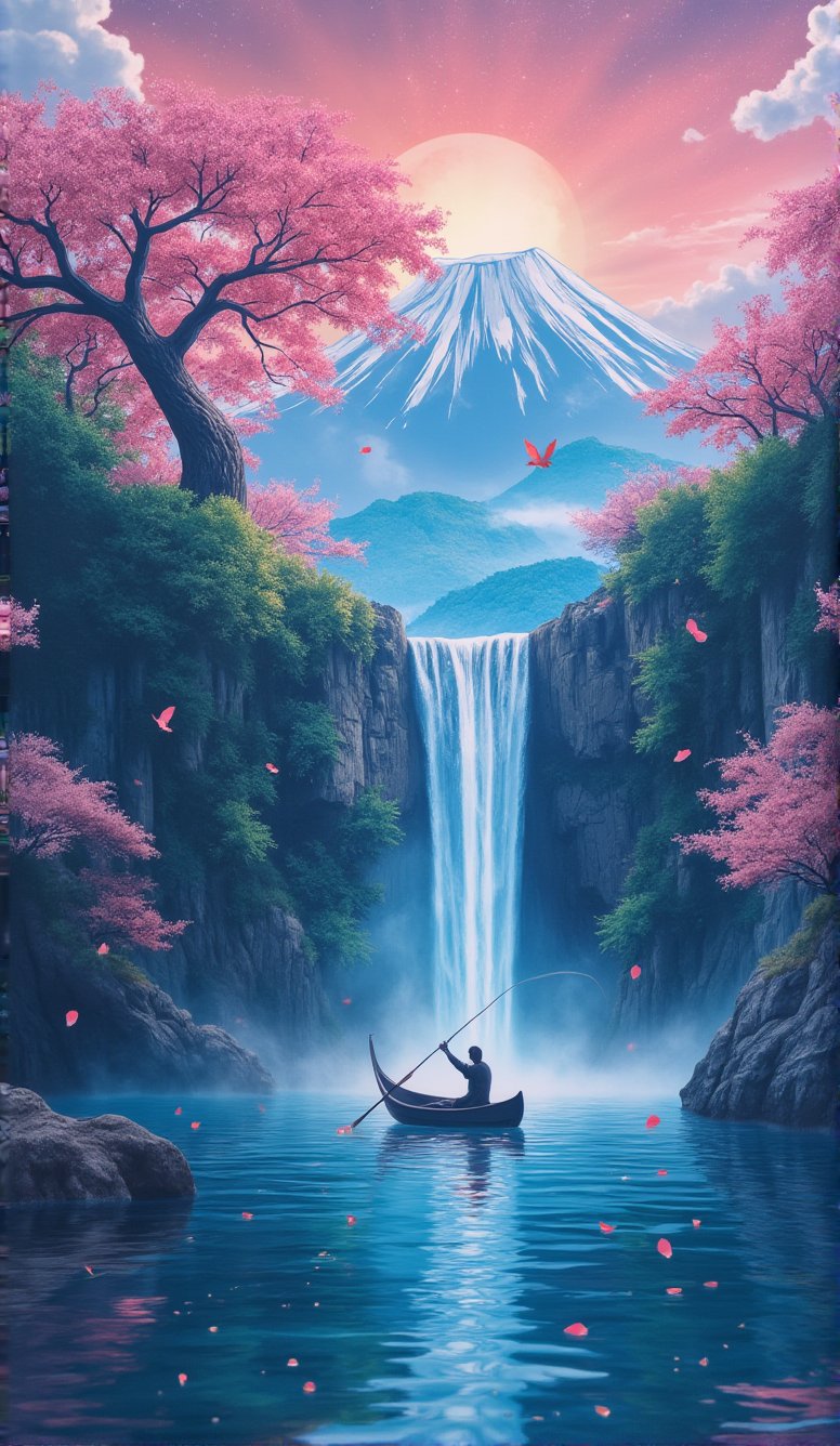 T_shirt,Design(style of Glass effect of a rocky mountainside with a japanese tree of life, Fuji mount in the back in day light, wide waterfall from the top, cherry blossoms, sakura trees, forest, crescent, japanese fantasy style, starry night, vaporwave art, fantasy style, fisherman fishing in a boat, colorful, bright colors art, aqua and aquamarine colors in style and anime pink aesthetics, birds, gradient colors, japanese landscape, brghit gradent, bright sun, cloudy sky, ship in the lake, reflection on water, vaporwave, vapor, spring season, lofi gradient color, vibrant colors, japanese day light anime, , 8k, leaves falling, in colorful colors, anime aesthetic, light blue, japan, pink aesthetic, aqua and aquamarine, vaporwave, japanese style, lofi, pastel,)