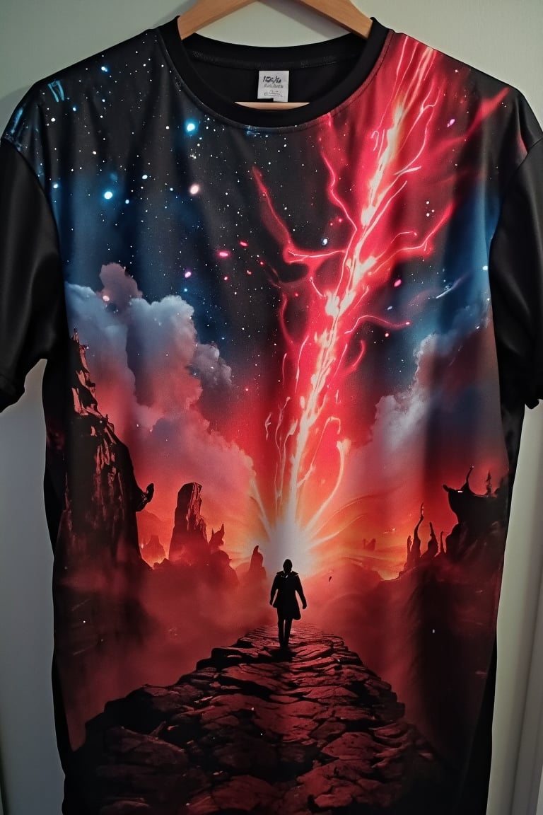 T_shirt with Design(A masterpiece of meticulous detail! Against the backdrop of a cinematic midway journey, a stunning comet sprints forward, shining with otherworldly light. The red vortex seemed to draw the comet into it. Against the backdrop of a deep starry sky, this lone comet embodies a mystical blend of power and mystery.),full length shirt