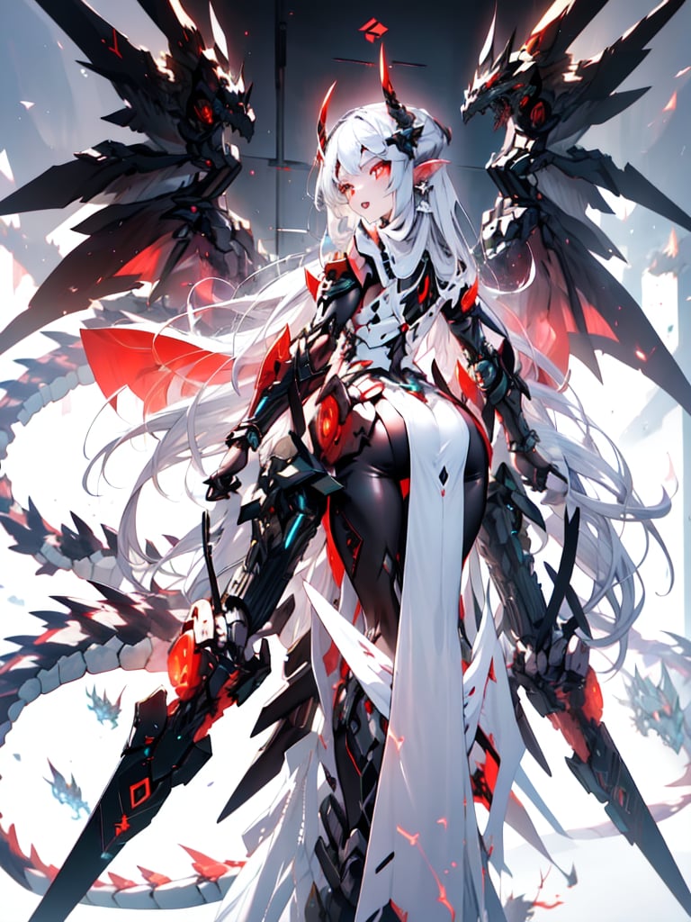 A majestic mecha-musume stands solo against a dark backdrop, its red glowing eyes piercing through the shadows. The 1boy's face is a masterpiece of malevolent beauty, adorned with sharp horns, teeth, and armor plating that glistens in the dim light. Wings sprout from his back like a dragon's ear, as claws extend from his fingertips, ready to strike. His glowing eyes seem to bore into the viewer, radiating an aura of ferocity.,dragon ear