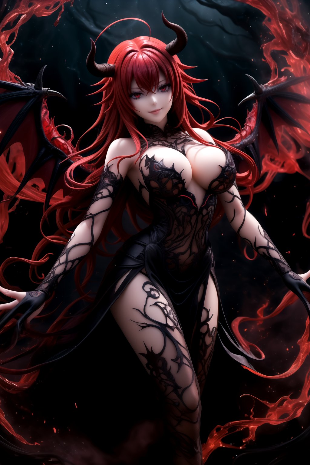 (best quality), (highly detailed), masterpiece, (official art), Rias Gremory as a malevole demon , lips evil smile, with long flowing red hair and a delicate ahoge, darkness black wings spread wide behind her. She is wearing a intricatr, elegant black gown that flows gracefully around her, softly billowing as she floats in the hell. Rias stands with her arms,as if welcoming you with a violento and demonic presence, her red eyes. Rays of dark light shine down from the heavens, illuminating her figure, while she hovers among soft, glowing fire. The hell with red rays breaking through, creating atmosphere. Her wings emit a darkness, ethereal light, adding to her demonic presence.