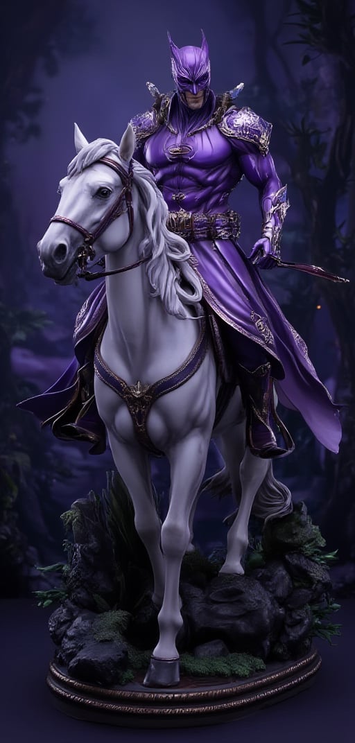 (extremely detailed 8k wallpaper), a medium full body photo of the phantom, intricate, highly detailed, dramatic,  in phantom purple costume, riding on a white horse in the jungles of bengala.,resin,a 3D rendering of a figurine 