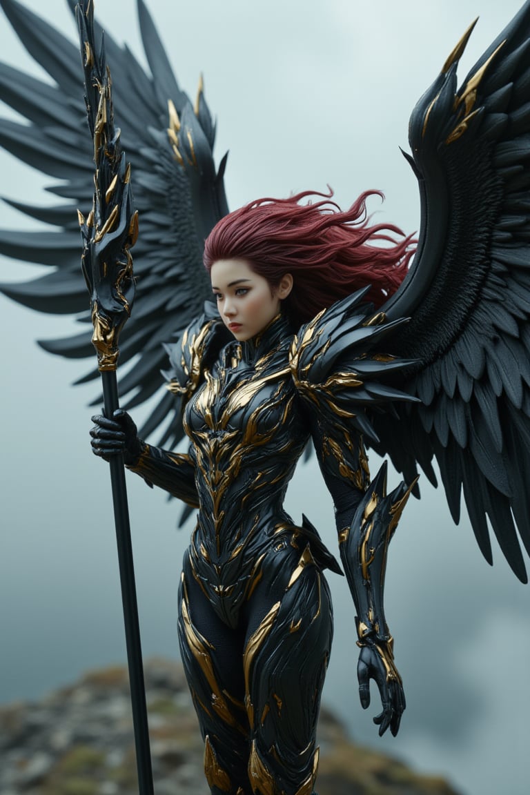 full_body, a young beautiful girl wear a VALKYRIE archangel armored suit, standing cofidently on top of mountain cliff, her (((large, intricately high-tech mecha feathered metal wings))) spread wide as if shielding the viewer from the turbulent weather. The archangel's armor glints with an oil-painted sheen, its intricate details and folds expertly rendered in shades of metallic black carbon fibre and gold steel. (((holding a huge black and gold intricate magic wand))). Her piercing gaze, dark red hair, seems to defy the raging storm, as if calling forth a mighty reckoning.hyperrealism, realistic portrait, photography, true color, subtle lighting, cinematography, Canon EOS R5, RF 85mm, ISO 300, vibrant color, more real realistic, volumetric clear intricate hyper details, volumetric clear texture, clear HD background, ultra HD realistic resolution, realistic shadow, epic fantasy character art, movie still, dramatic shadow, analogue diffusion style, CGSociety, Unreal Engine, Blender rendering, game cinematic, no smoke, mist, or fog, remove blur and noise, Angelic Knight,a 3D rendering of a figurine 