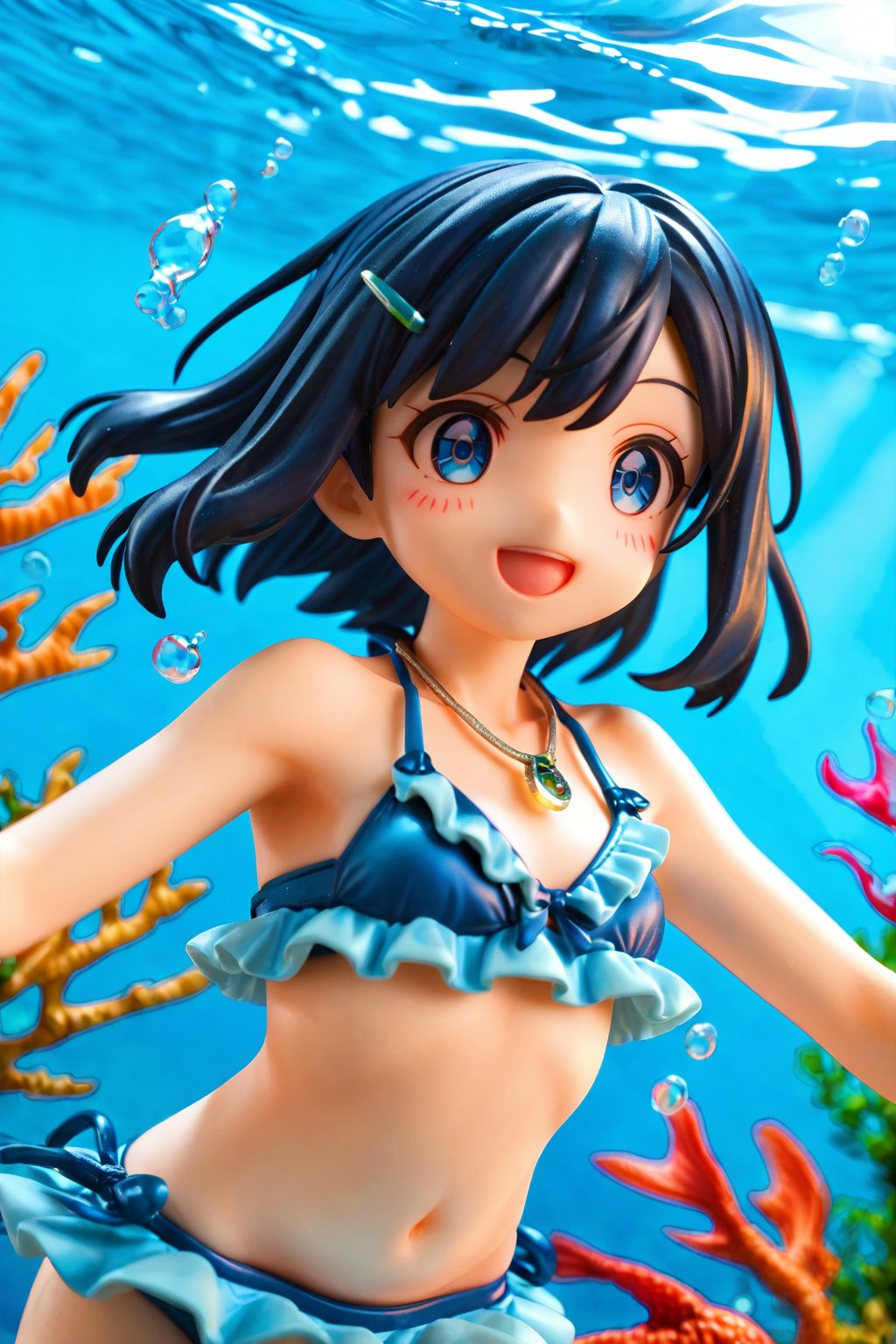 masterpiece, best quality, sky, 1girl,liko_pokemno,short_hair, blue_hair,Hair blush,blue_eyes, Young, Cute,Slim,Collarbone,Necklace,Pendant, Bangs Fastened,Hair Clips (V-Shape, Green),black hair/Blue Strands back (bikini:1.3), hairclip, blue eyes,  clenched fists, nature ,(masterpiece,best quality:1.3),(100+ colorful tropical fish:1.2),(underwater:1.3),floating pose,smile,,(frills bikini,:1.2), (bubble effect:1.3) , ,vivid color,sun shine,(deep detailed eyes:1.3),,Liko_pokemno,more detail XL,Short hair,score_9,score_8_up,score_7_up,3D,PVC Style