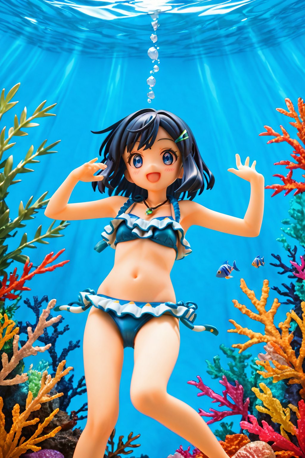 masterpiece, best quality, sky, 1girl,liko_pokemno,short_hair, blue_hair,Hair blush,blue_eyes, Young, Cute,Slim,Collarbone,Necklace,Pendant, Bangs Fastened,Hair Clips (V-Shape, Green),black hair/Blue Strands back (bikini:1.3), hairclip, blue eyes,  clenched fists, nature ,(masterpiece,best quality:1.3),(100+ colorful tropical fish:1.2),(underwater:1.3),floating pose,smile,,(frills bikini,:1.2), (bubble effect:1.3) , ,vivid color,sun shine,(deep detailed eyes:1.3),,Liko_pokemno,more detail XL,Short hair,score_9,score_8_up,score_7_up,3D,PVC Style, full_body