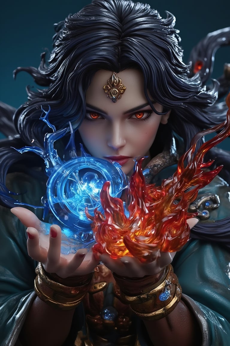 A sorceress's hands crackle with electric blue sparks as she harnesses elemental forces in an ultra-realistic close-up. Whipping winds swirl around her, whipping hair into a frenzy. Fiery red flames dance on her fingertips, while earthy brown tones beneath hint at ancient magic. Water droplets glisten on her skin, reflecting the tempest's fury. In this 10x RF-boosted epic fantasy artwork, the sorceress's eyes gleam with intense concentration as she commands the elements to bend to her will.,resin,a 3D rendering of a figurine ,full_body