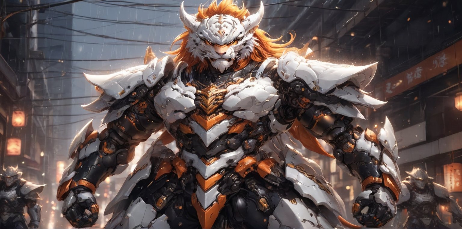 solo, long hair, looking at viewer, 5lions, animal ears, male focus, orange hair, armor, blurry, muscular, feet out of frame, scar, pectorals, muscular male, shoulder white armor, bara, pelvic curtain, furry, clenched hands, large pectorals, rain, furry male, tiger ears, lion boy, orange fur, mechanical arms,TR mecha style, (score_9, score_8_up, score_7_up, score_6_up), Dragon,SDXL, 4arms,shogun style