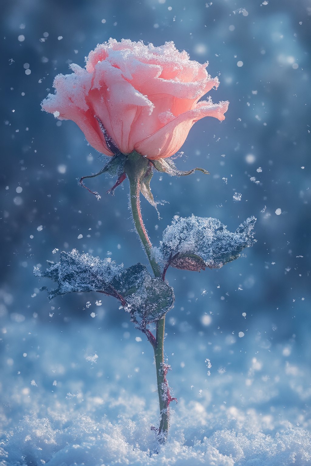 T_shirt,Design(A rose in the snow, with sparkling snowflakes), from a distance