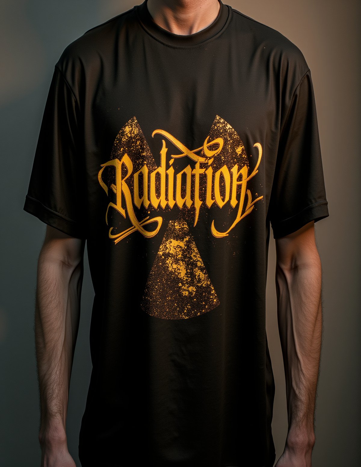 T_shirt,Design((best quality, masterpiece, ultra detailed, 8K, RAW photo), The word "Radiation" written in a beautiful gothic style with golden glowing calligraphy ink over a background of radioactive waste),full length shirt